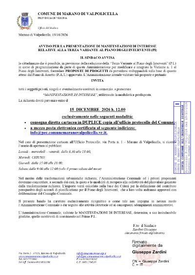 AVVISO PER LA PRESENTAZIONE DI MANIFESTAZIONI DI INTERESSE RELATIVE ALLA TERZA VARIANTE AL PIANO DEGLI INTERVENTI (PI)